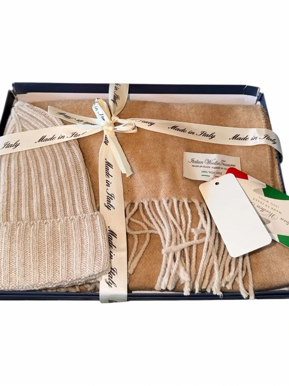 NWT NIb Men’s Italian 100% Wool Scarf & Beanie Set Camel Made in Italy